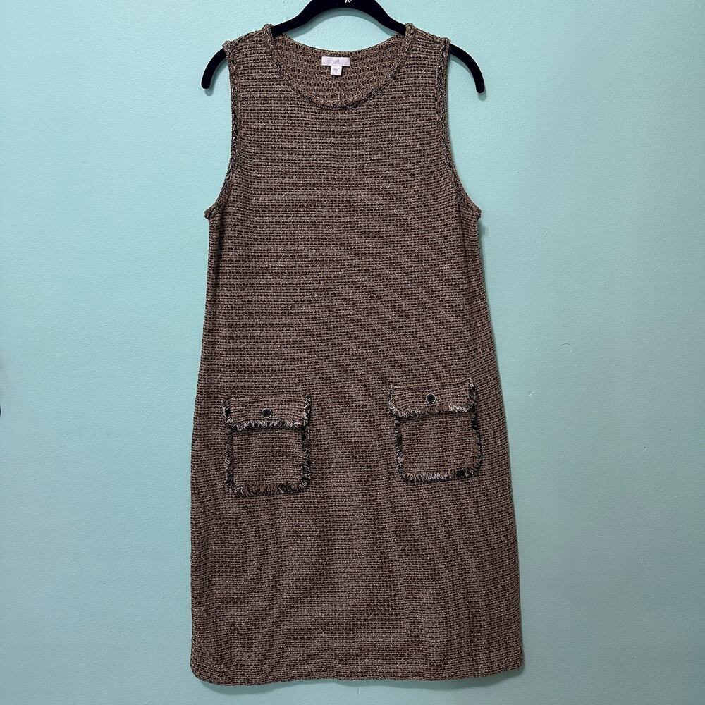 J. Jill Tweed Shift Dress Brown Black Front Pockets Size Small Preppy Academia